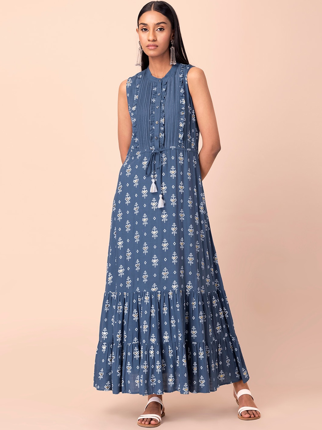 

INDYA Women Blue & White Ethnic Motifs Printed Anarkali Kurta