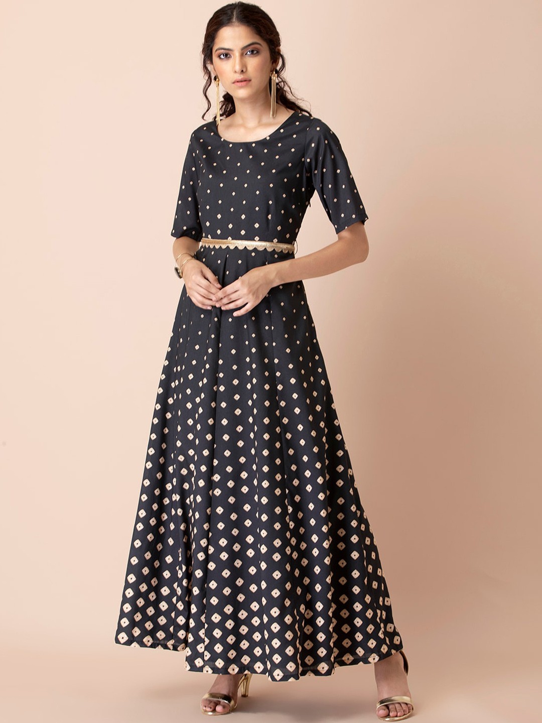 

INDYA Women Black Bandhani Printed Anarkali Kurta with Attached Belt