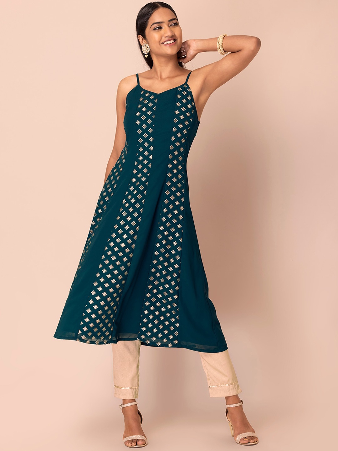 

INDYA Women Teal Blue & Golden Foil Strappy Anarkali Kurta