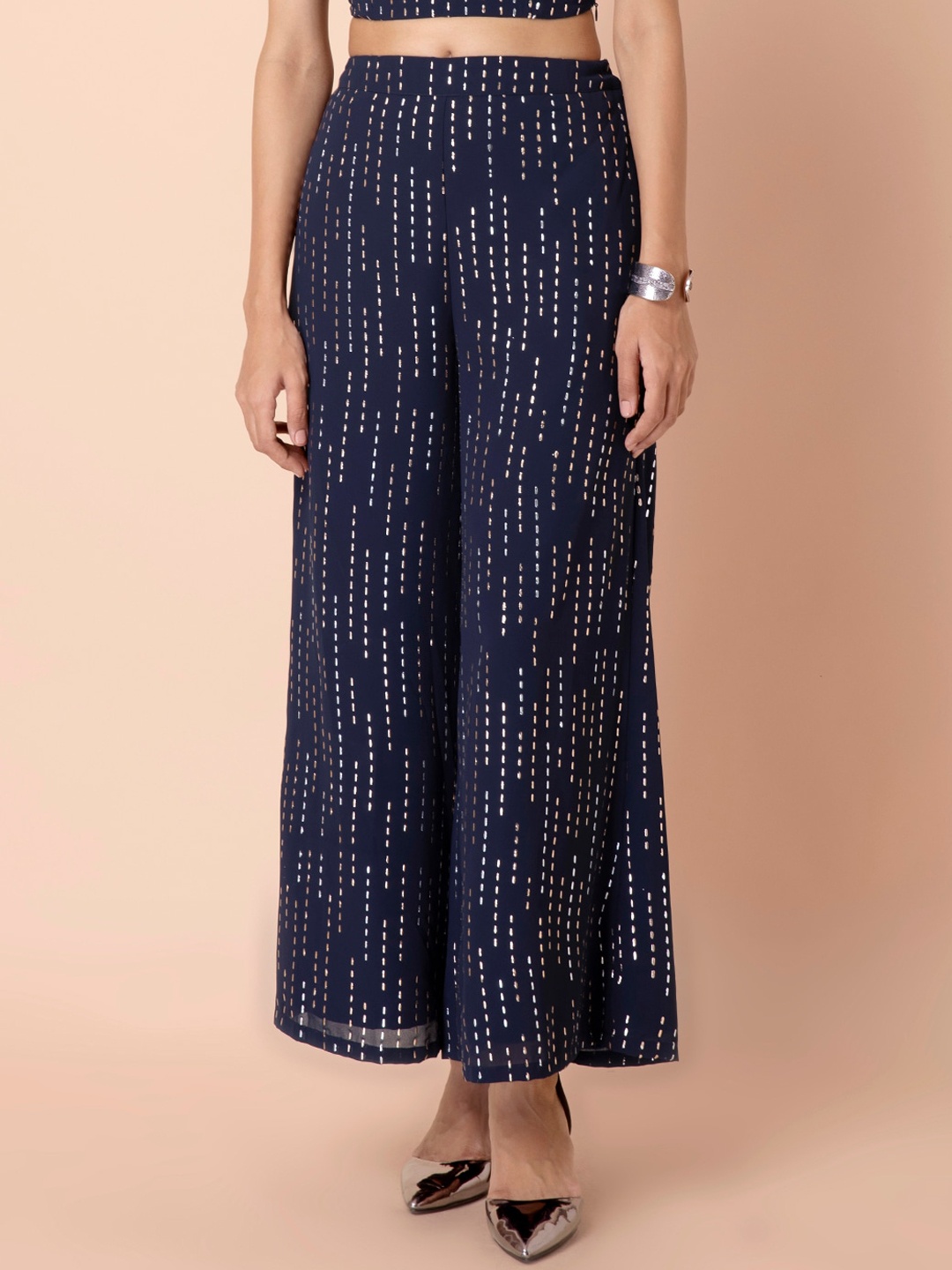 INDYA Women Navy Blue Printed Ethnic Palazzos