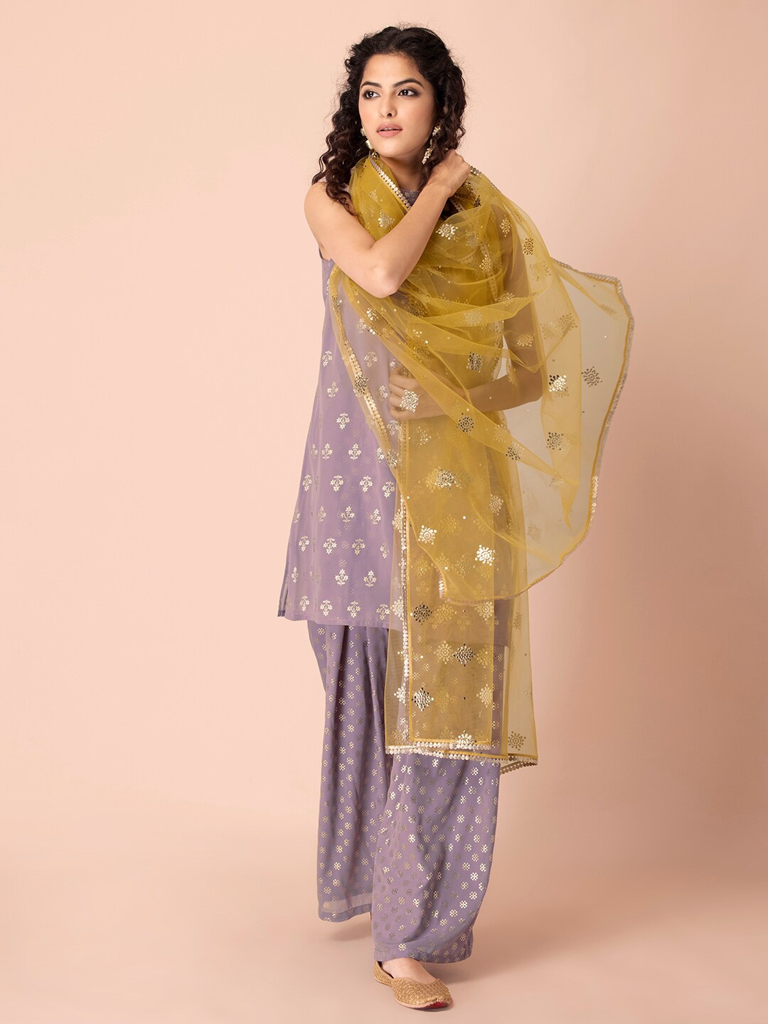 

INDYA Yellow & Gold-Toned Foil Mesh Dupatta