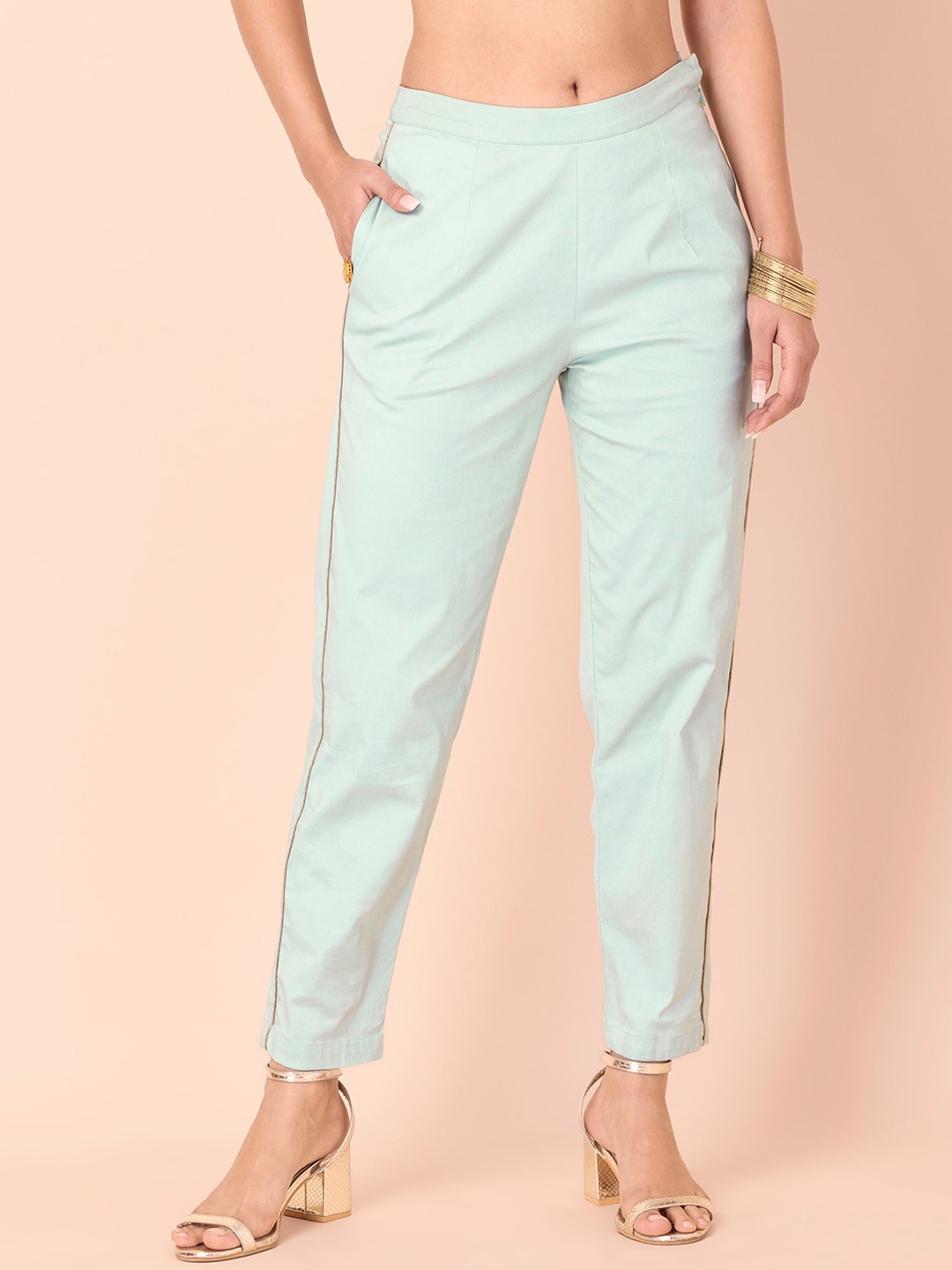 

INDYA Women Green Solid Regular-Fit Cigarette Trousers