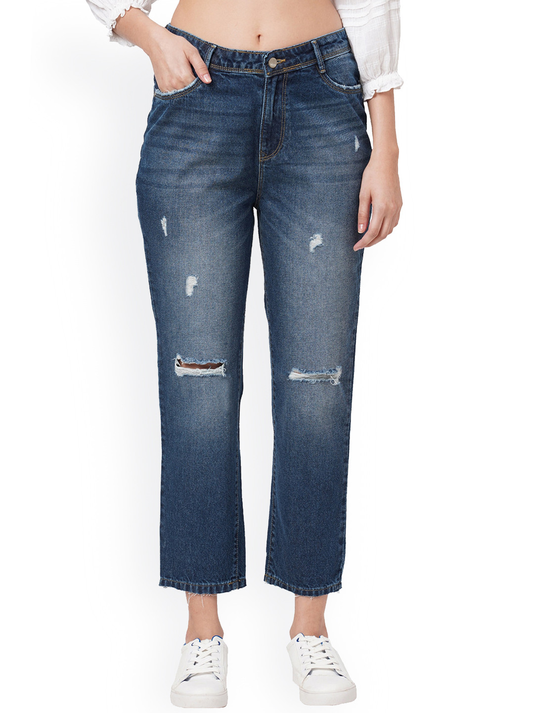 

Kraus Jeans Women Blue Straight Fit High-Rise Mildly Distressed Pure Cotton Jeans