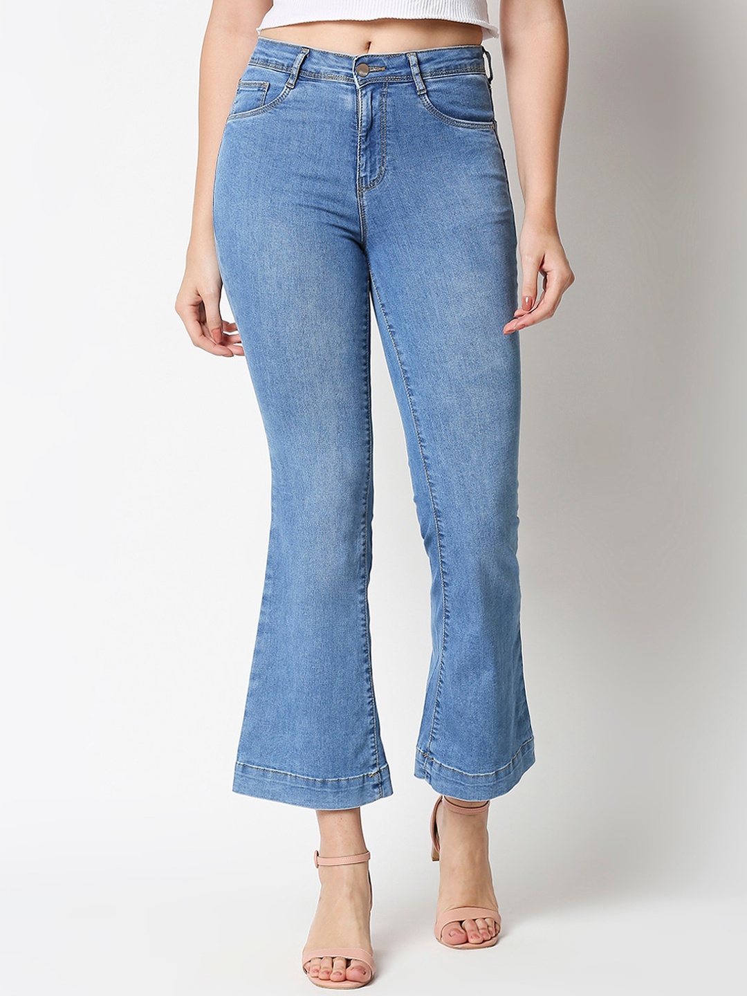 

Kraus Jeans Women Blue Flared High-Rise Mildly Distressed Light Fade Jeans