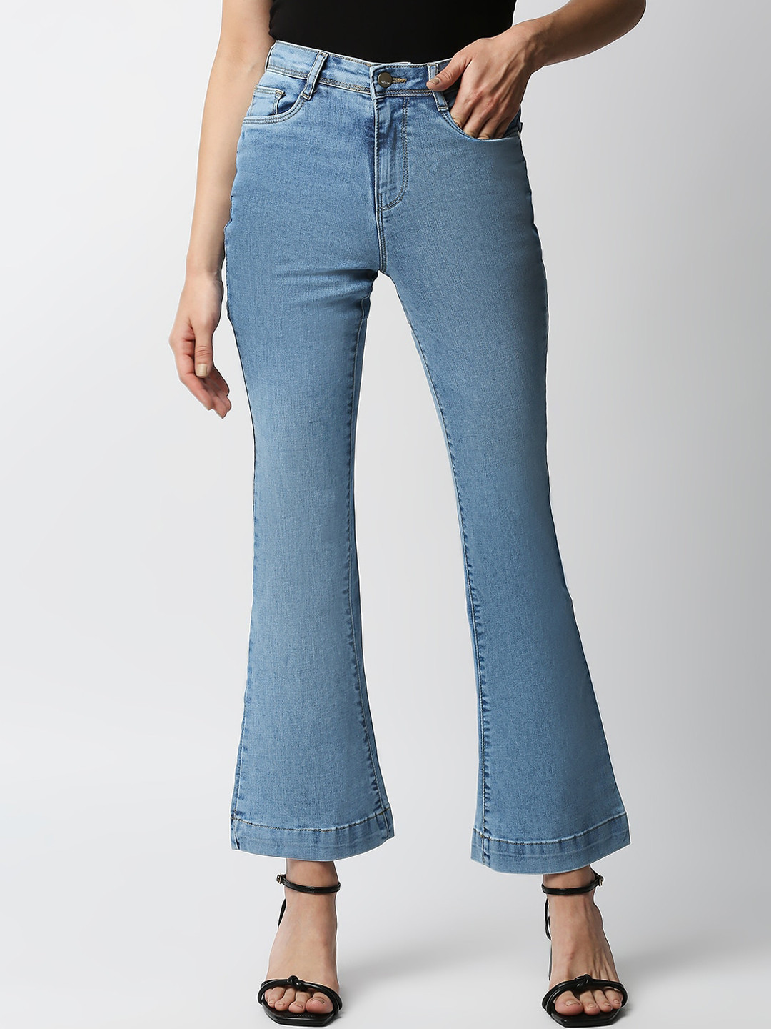 

Kraus Jeans Women Blue Flared High-Rise Light Fade Jeans