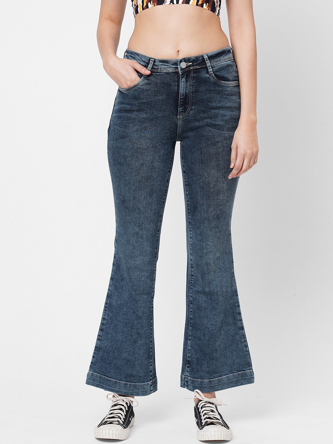 

Kraus Jeans Women Blue Flared High-Rise Heavy Fade Jeans