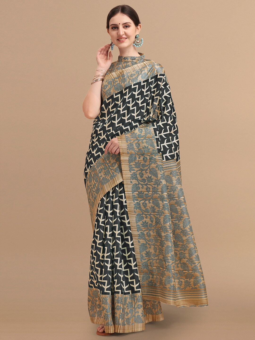 

KALINI Black & Grey Printed Silk Blend Saree