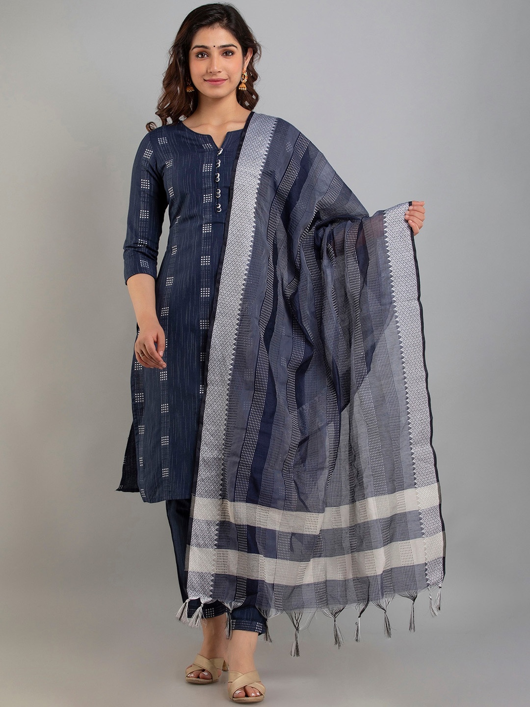 Charu Women Blue Printed Pure Cotton Kurta with Palazzos & With Dupatta
