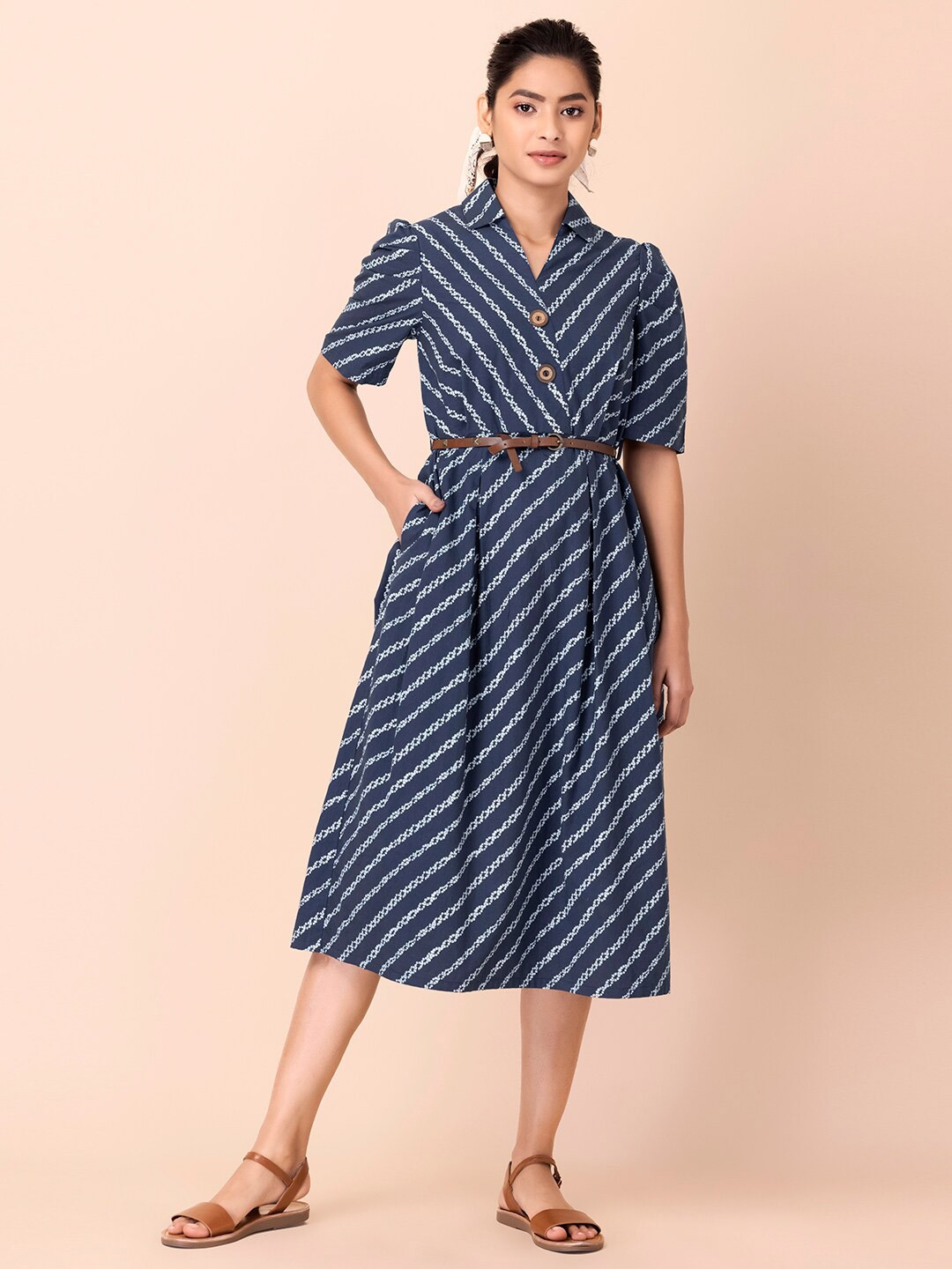 

Earthen BY INDYA Women Blue Striped Ethnic Cotton Midi Dress