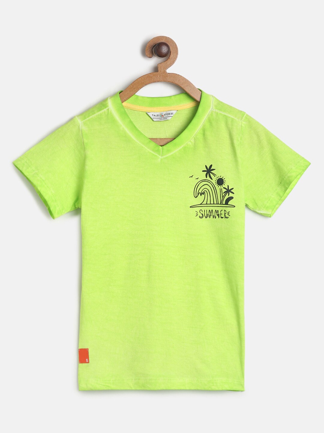 

TALES & STORIES Boys Fluorescent Green Printed V-Neck T-shirt