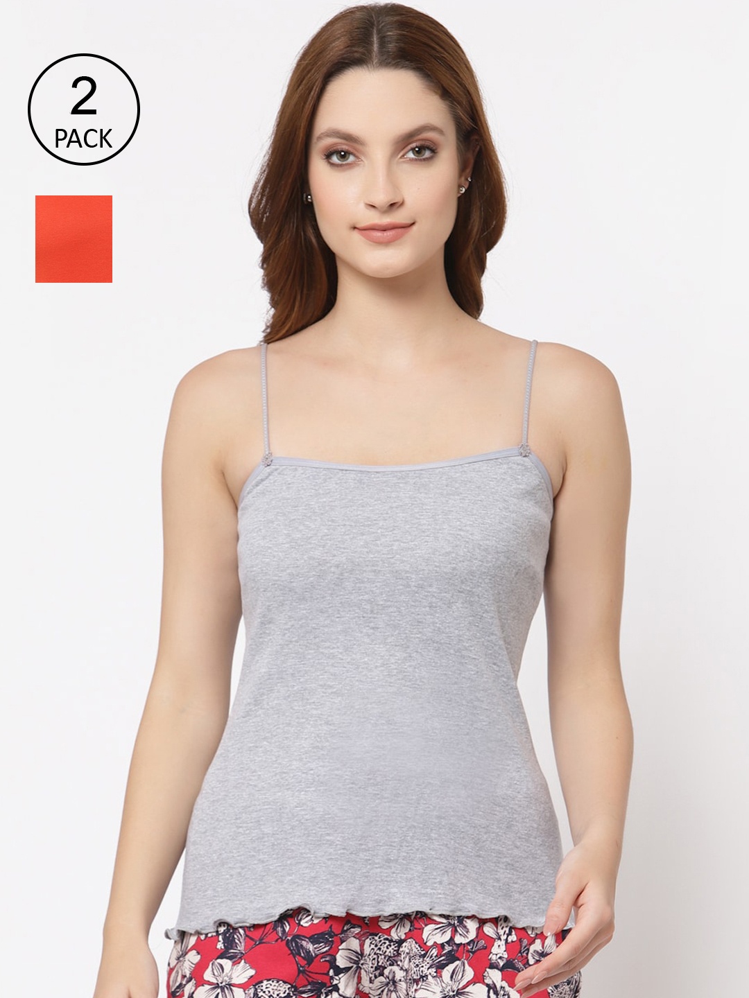 

Floret Women Pack Of 2 Solid Cotton Camisoles, Grey melange
