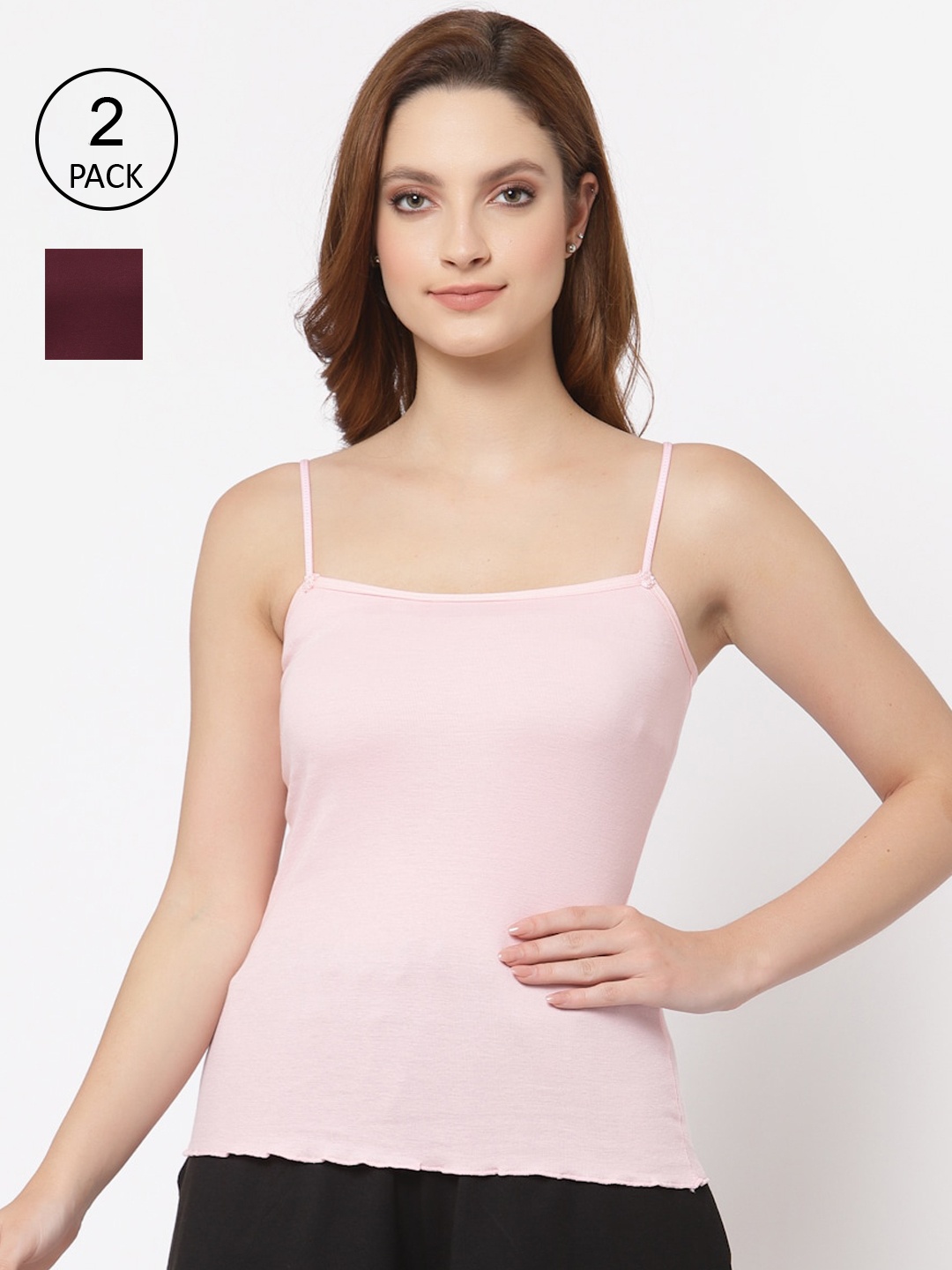 

Floret Women Pack Of 2 Pink & Maroon Solid Cotton Camisoles