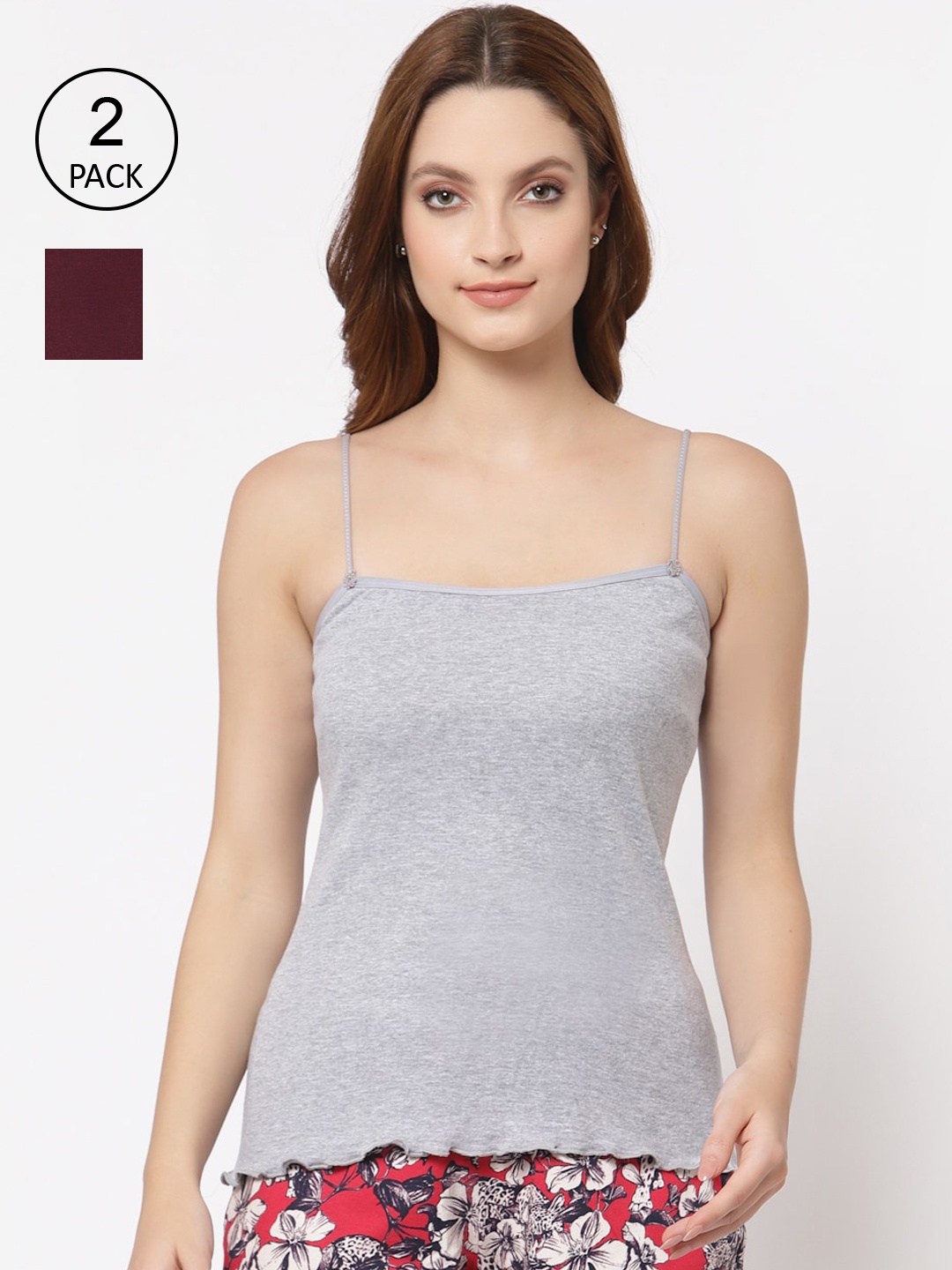 Floret Women Grey & Maroon Pack Of 2 Solid Cotton Camisoles, Grey melange