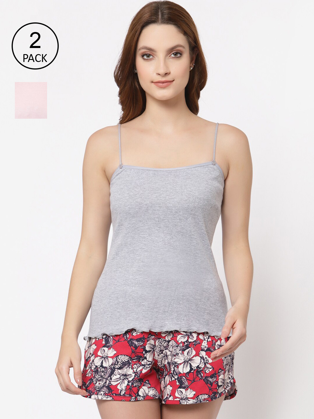 

Floret Women Pack Of 2 Grey Melange & Pink Solid Camisoles