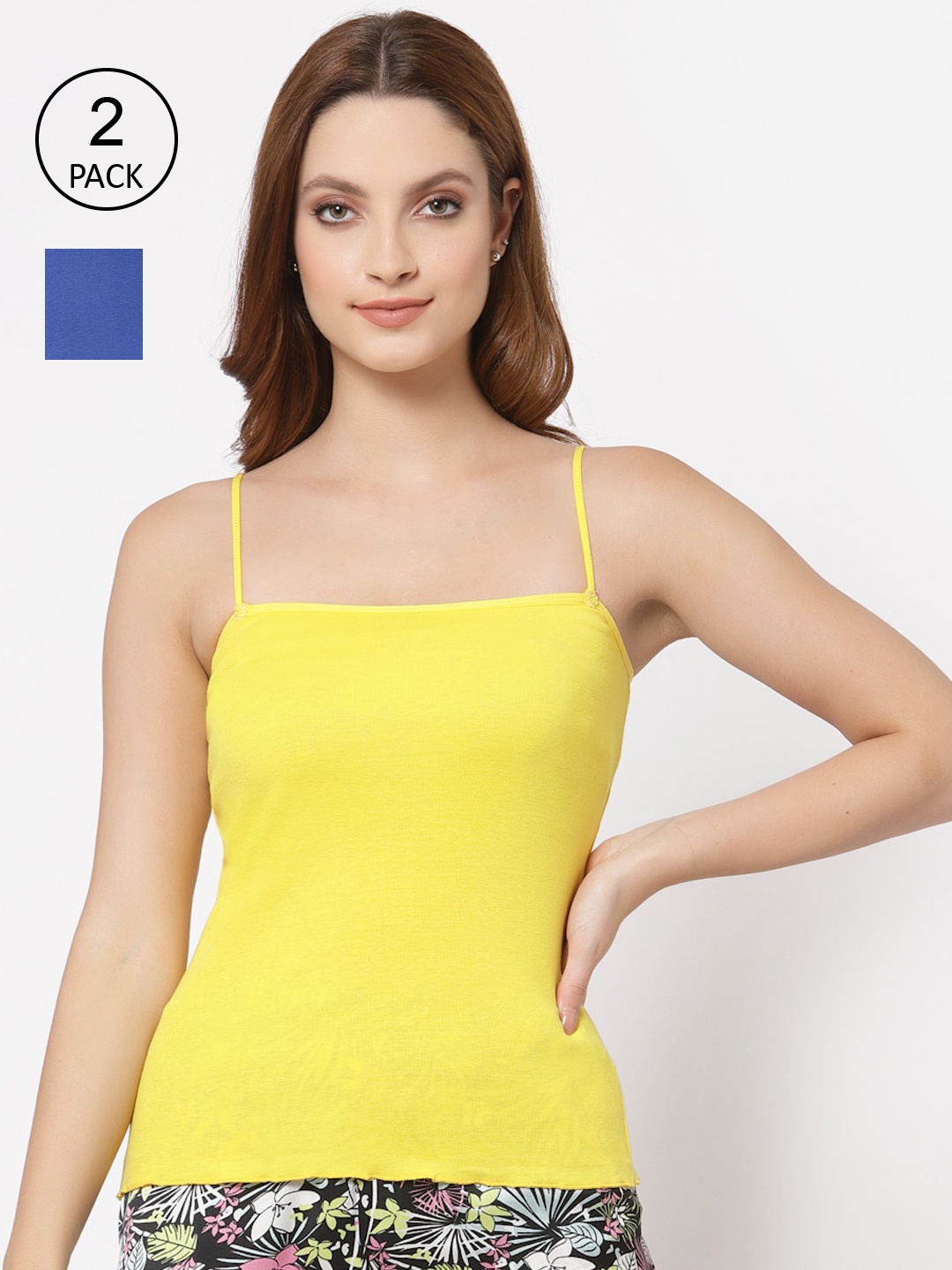 

Floret Women Pack Of 2 Yellow And Blue Solid Cotton Camisoles