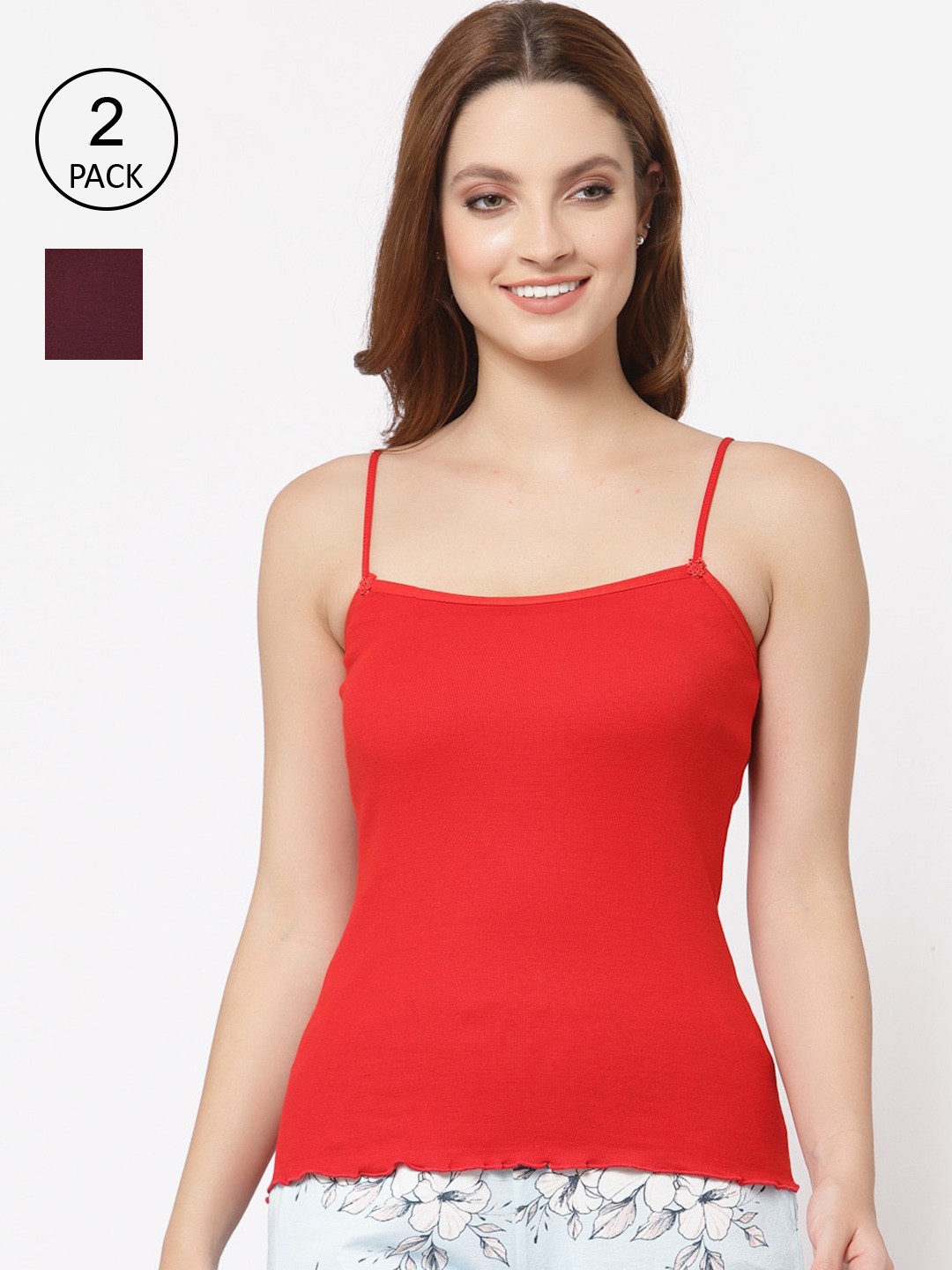 

Floret Women Pack Of 2 Solid Cotton Camisoles, Red