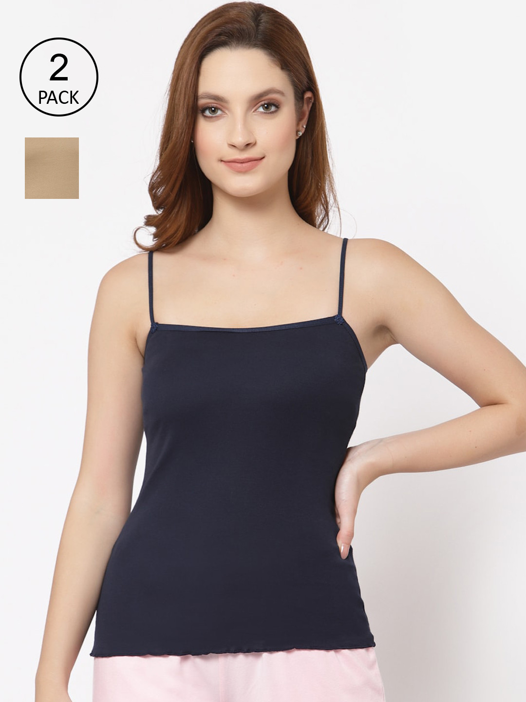 

Floret Women Pack Of 2 Solid Cotton Camisoles, Navy blue