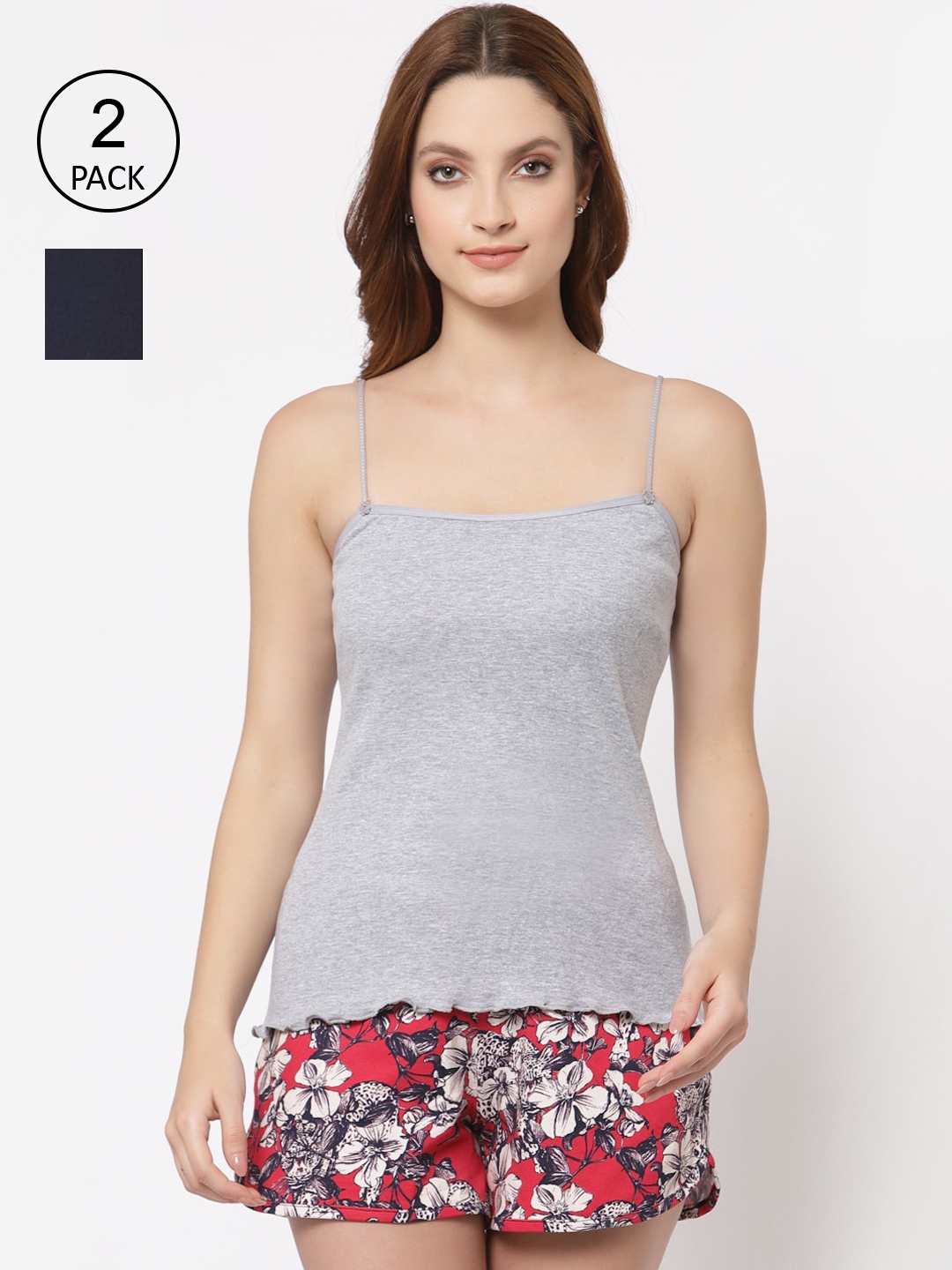 

Floret Women Pack of 2 Grey Melange & Navy Blue Solid Camisoles
