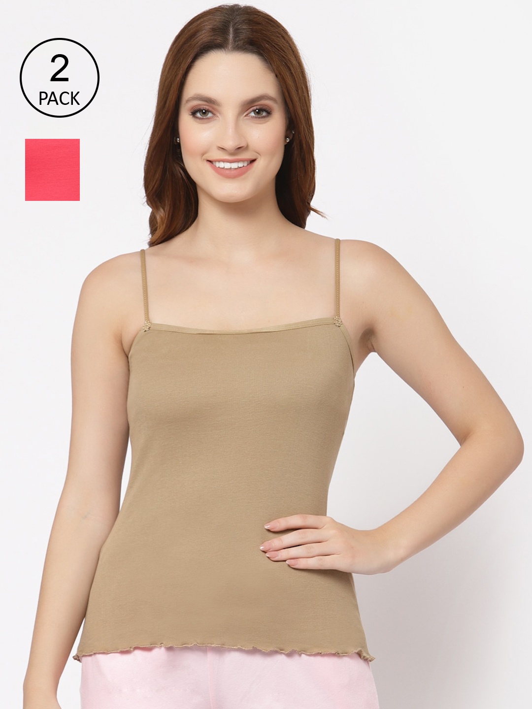 

Floret Women Red & Nude Pack Of 2 Solid Cotton Camisoles