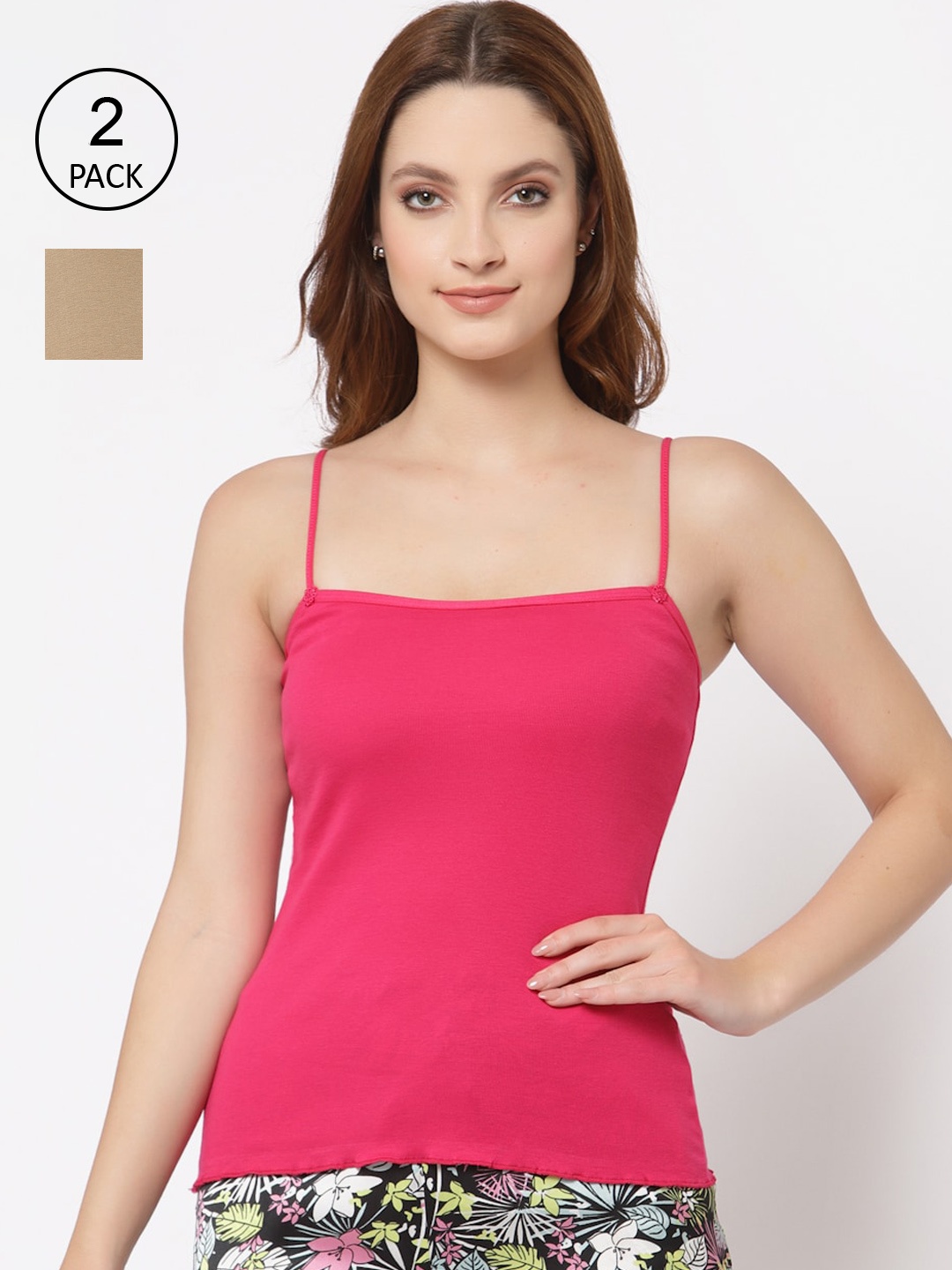 

Floret Women Pack Of 2 Magenta & Nude-Coloured Solid Cotton Camisoles