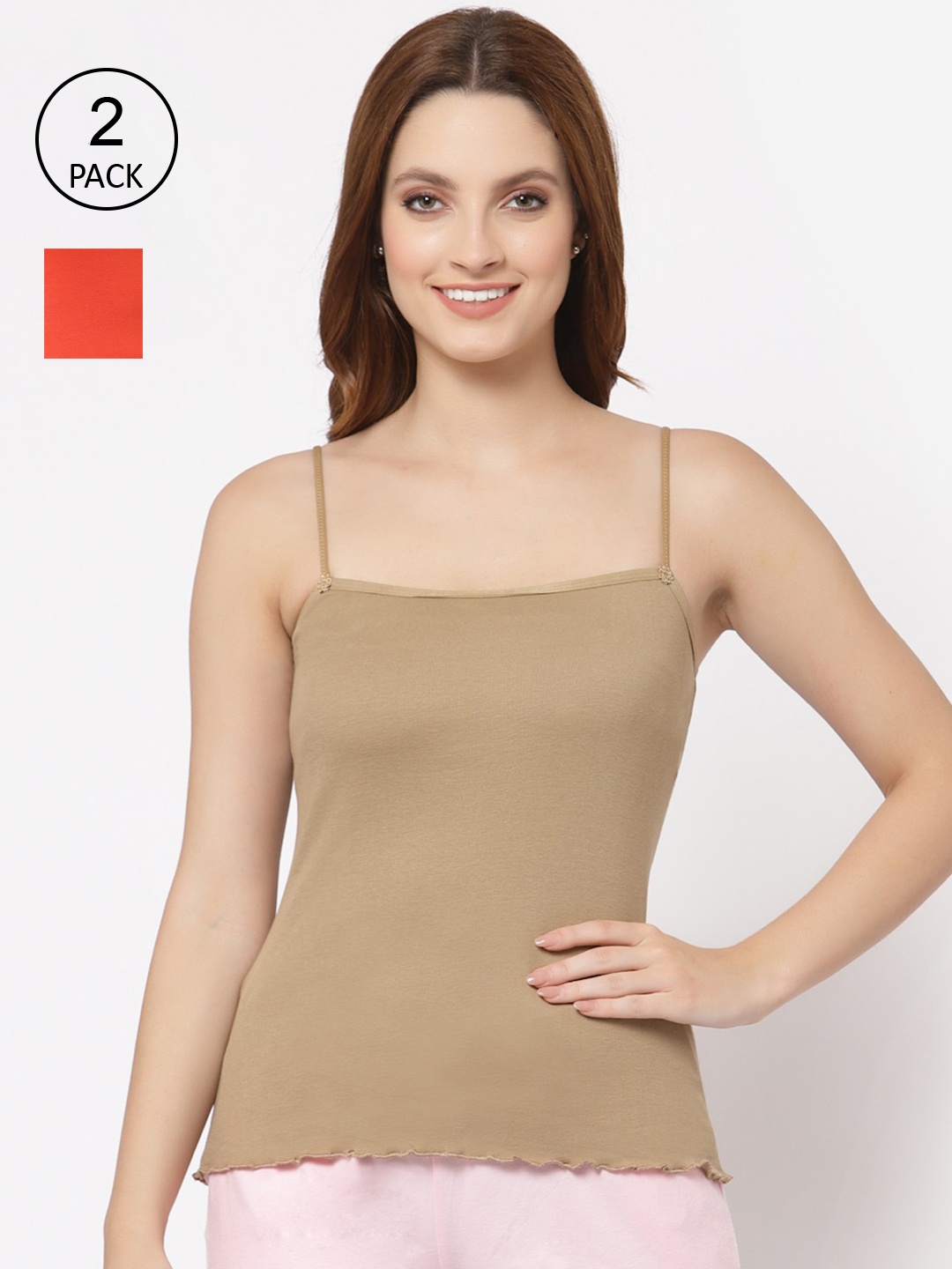 

Floret Women Pack Of 2 Nude-Coloured & Orange Solid Cotton Camisoles