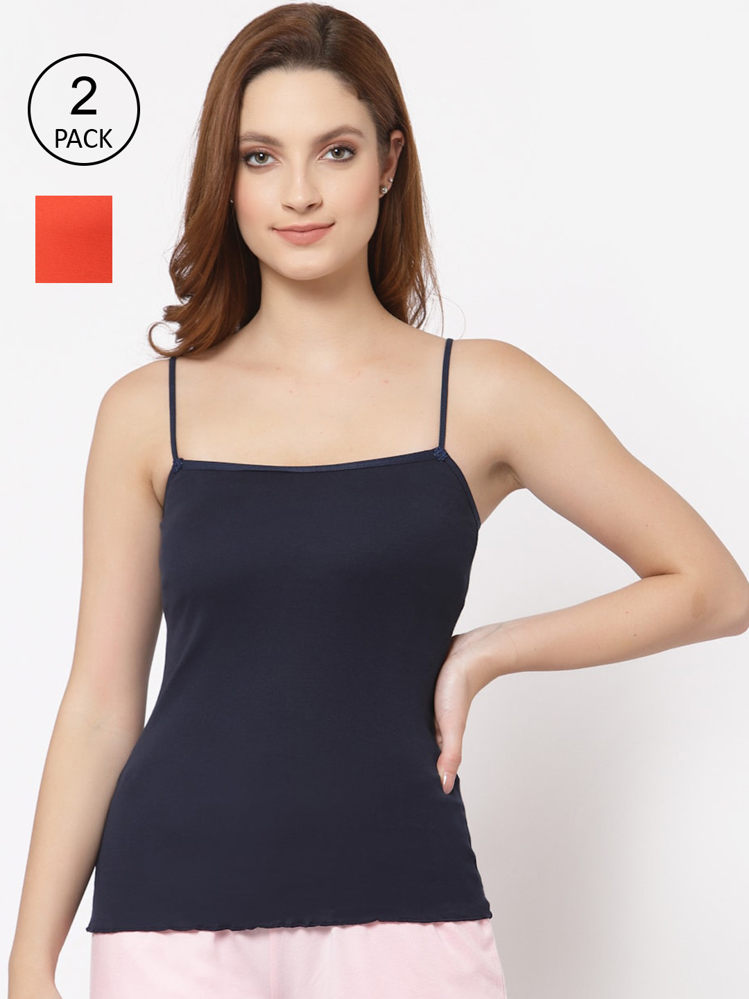

Floret Women Pack Of 2 Solid Cotton Camisoles, Navy blue
