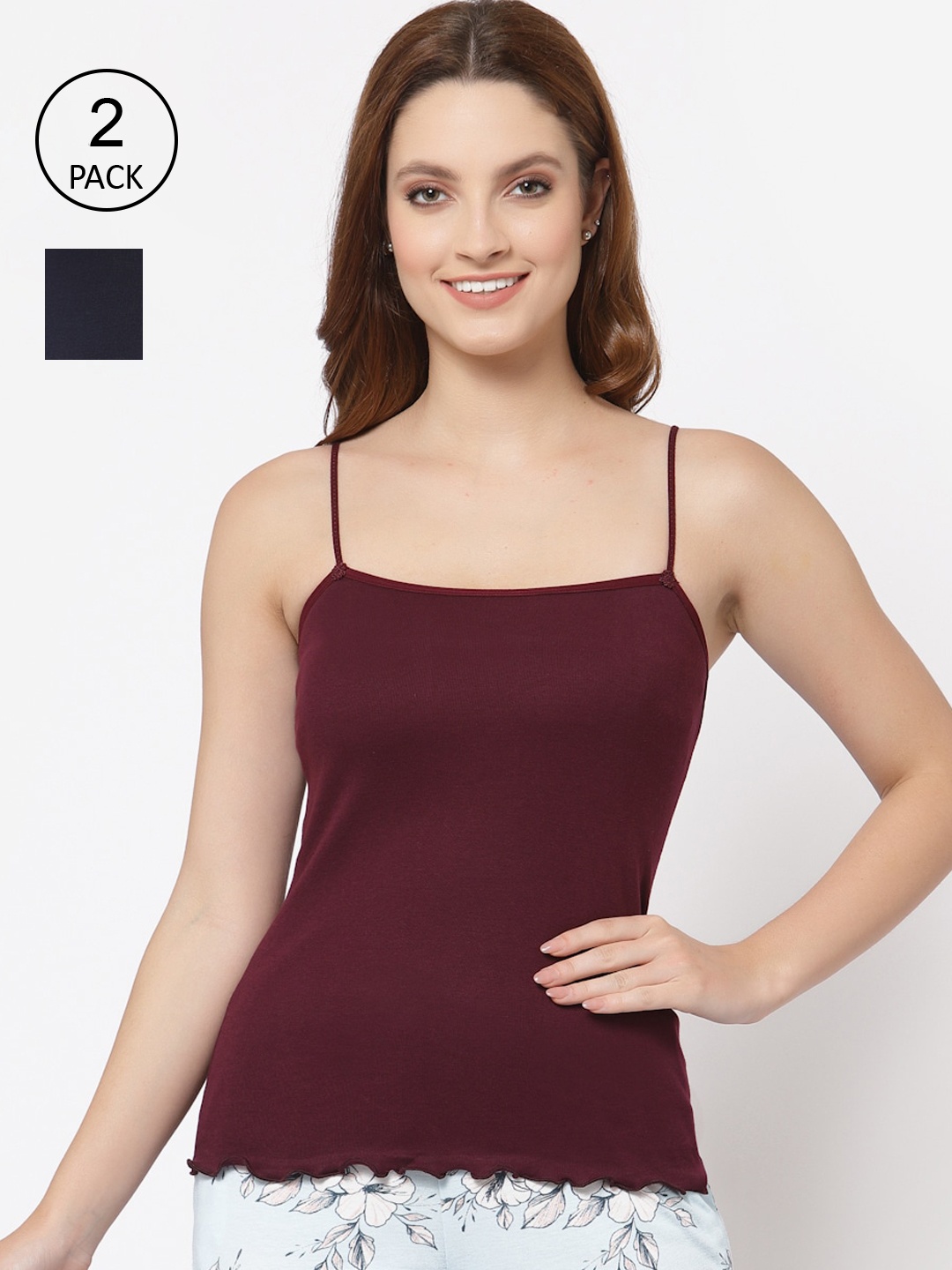 

Floret Women Pack Of 2 Burgundy & Blue Solid Camisoles