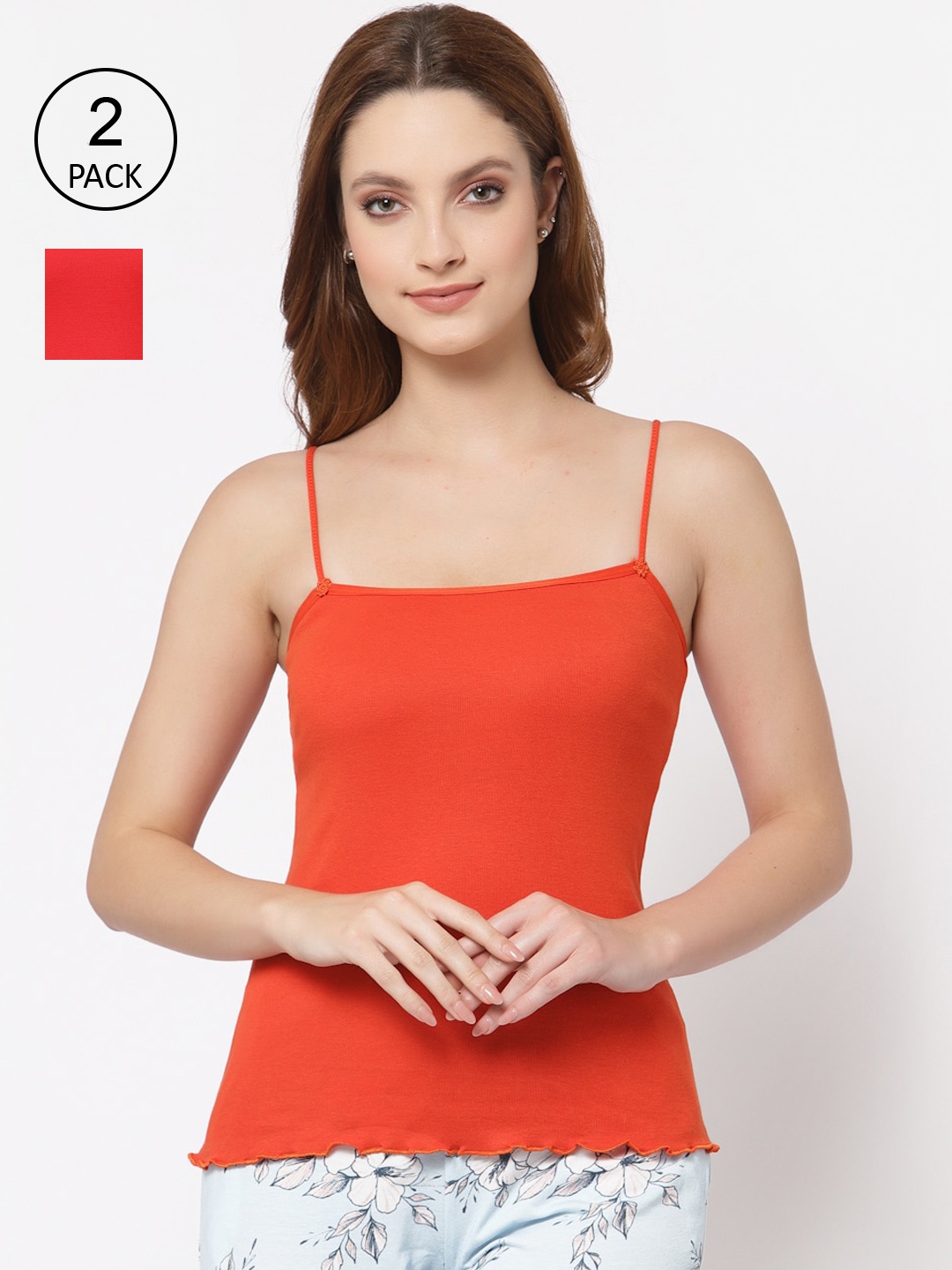 

Floret Women Pack of 2 Orange & Red Solid Cotton Camisoles