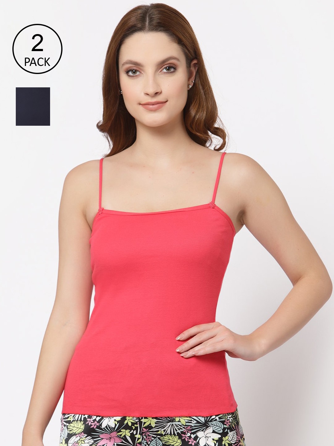 Floret Women Pink & Navy Blue Pack Of 2 Solid Cotton Camisoles