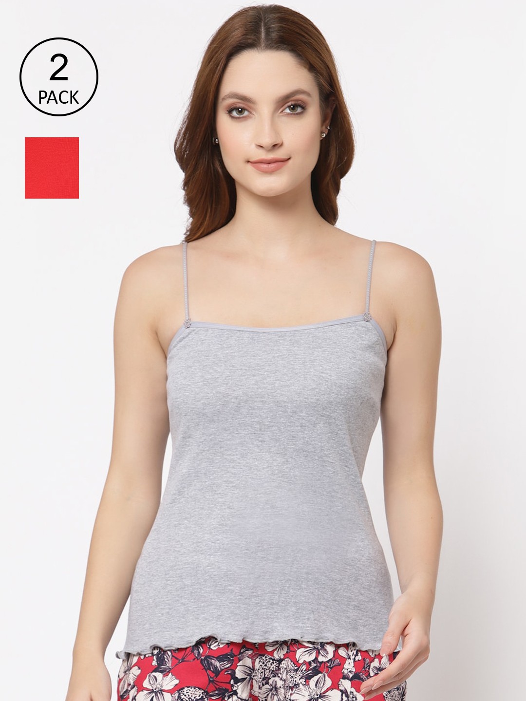 

Floret Women Pack of 2 Grey & Red Solid Cotton Camisoles