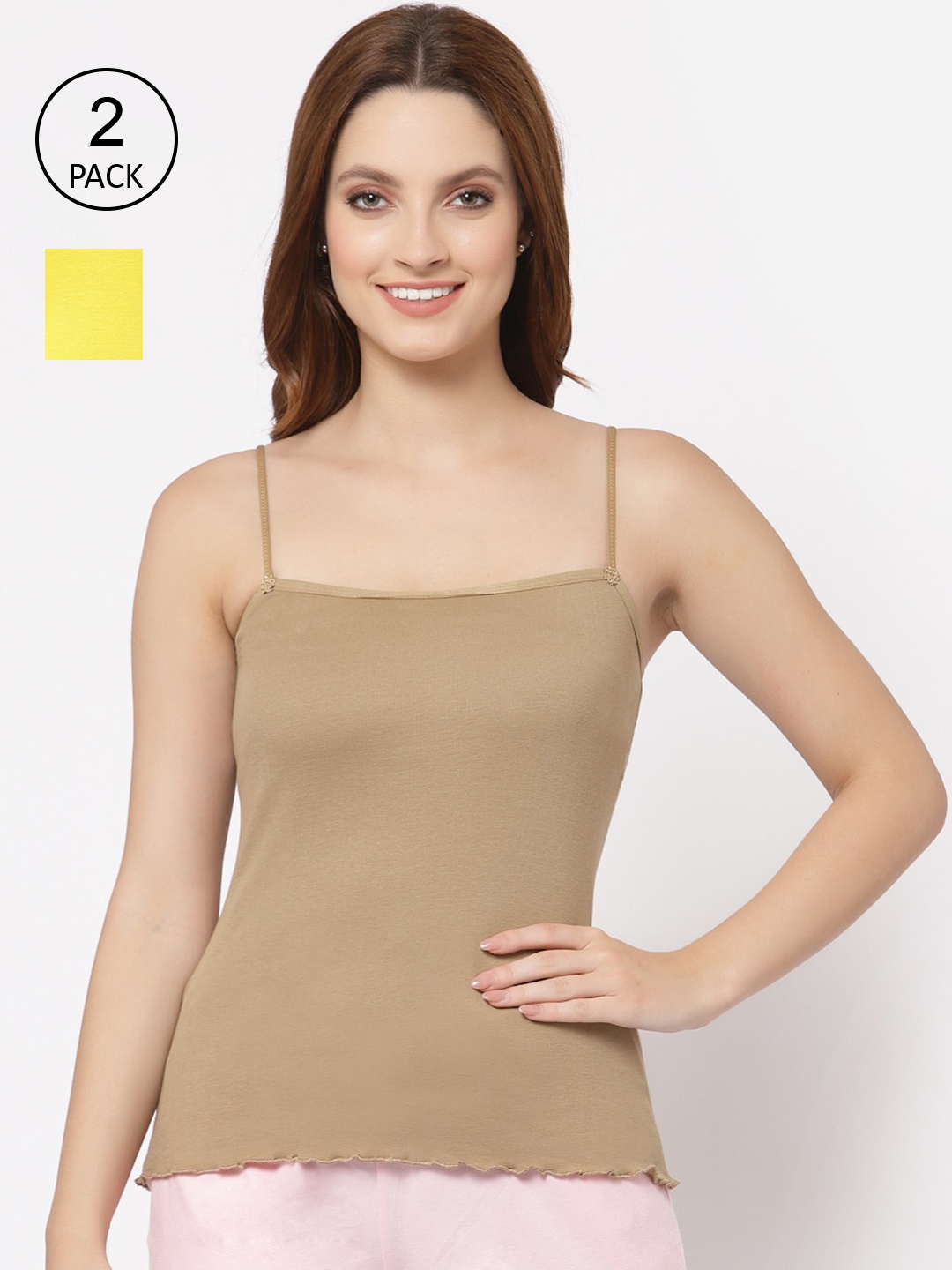 

Floret Women Nude & Yellow Pack Of 2 Solid Cotton Camisoles