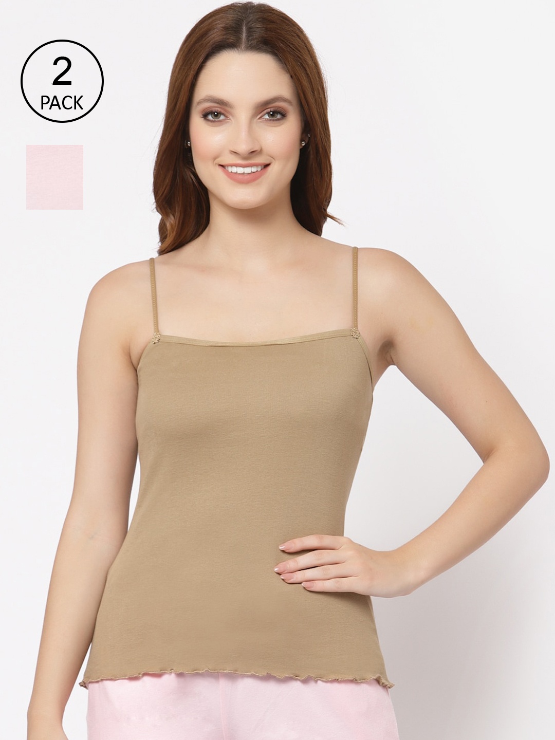 

Floret Women Pack Of 2 Nude-Coloured & Pink Solid Cotton Camisoles