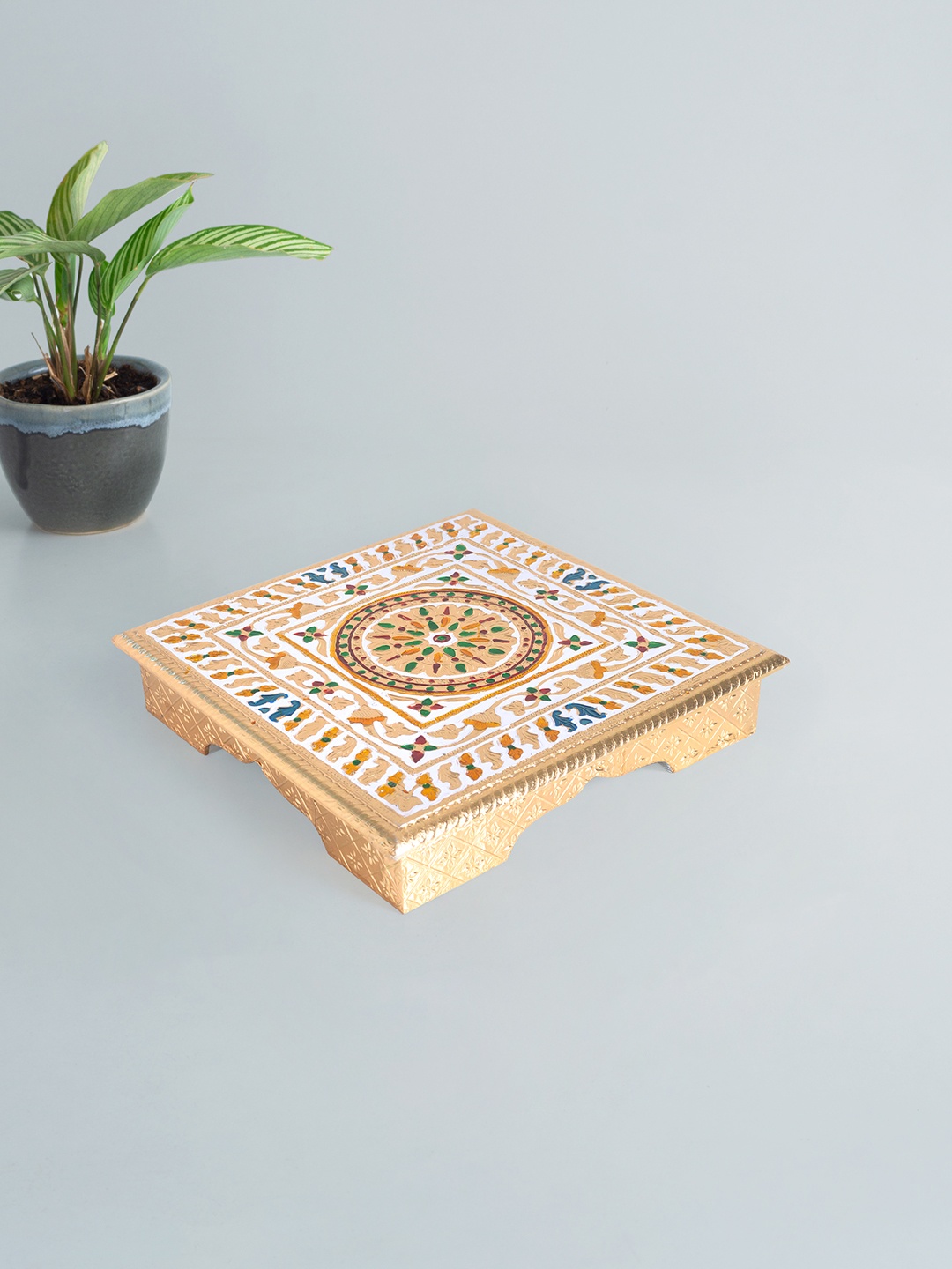 

Golden Peacock Gold-Toned & Red Meenakari Wooden Chowkie