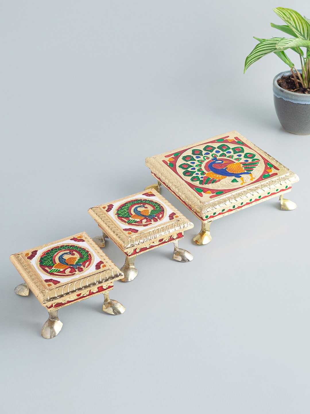 

Golden Peacock Set of 3 Gold-Coloured & Red Wooden Chowki