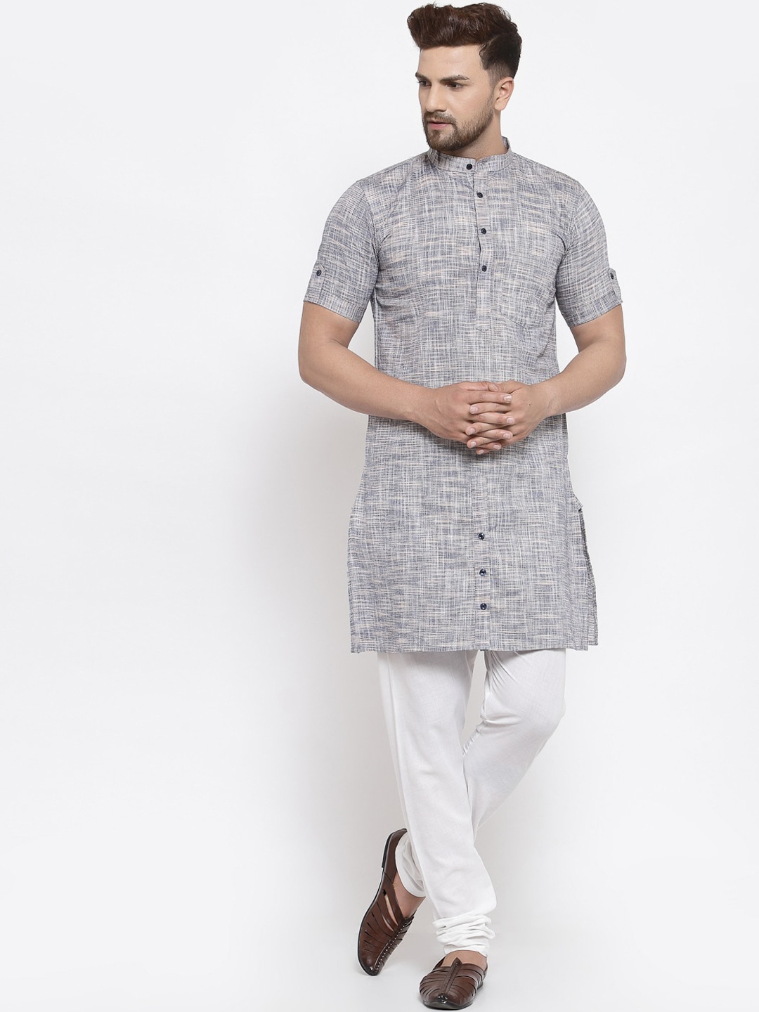 

KLOTTHE Men Grey Checked Cotton Kurta