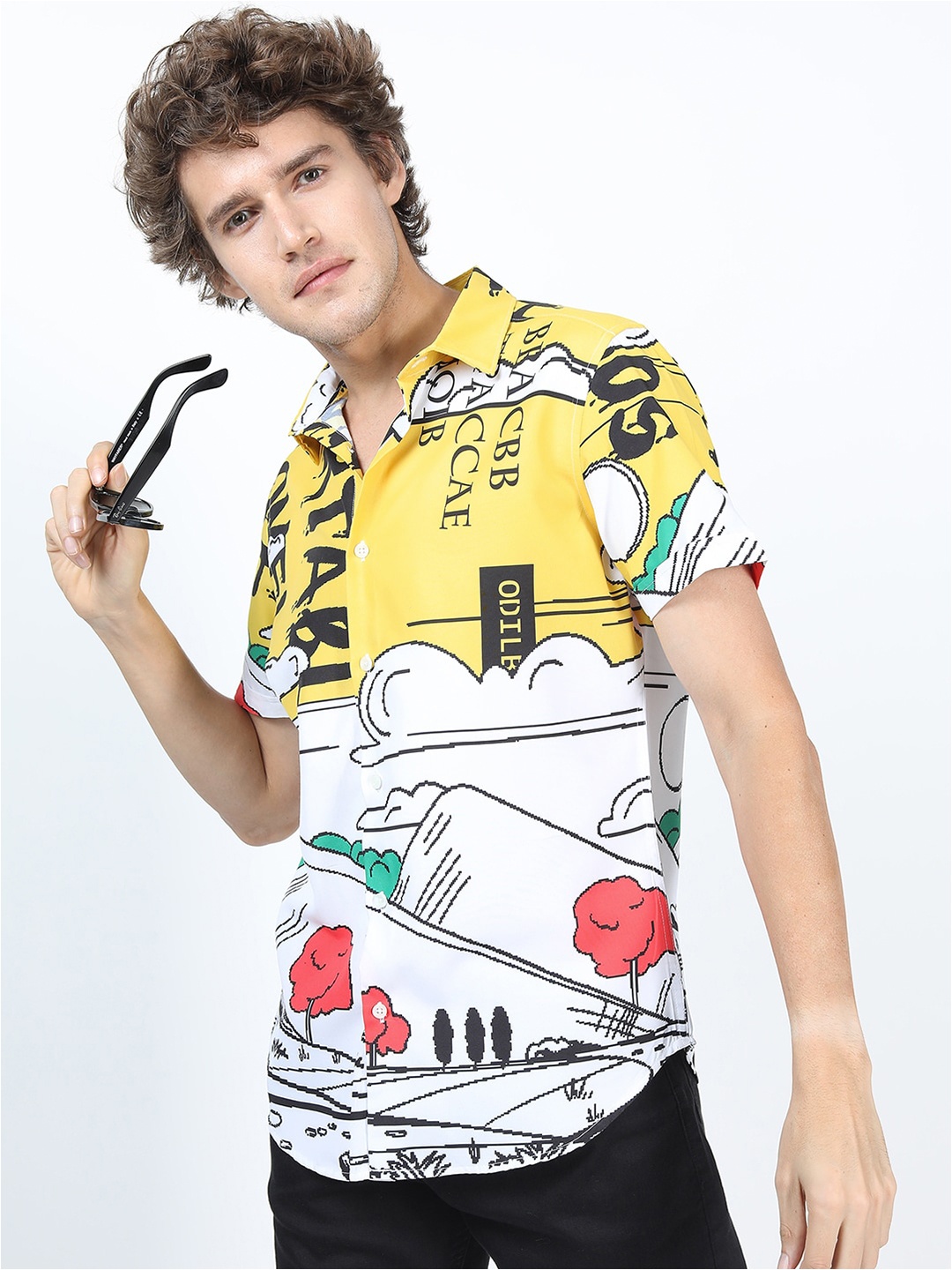 

HIGHLANDER Men White & Yellow Graphic Printed Slim Fit Casual Shirt