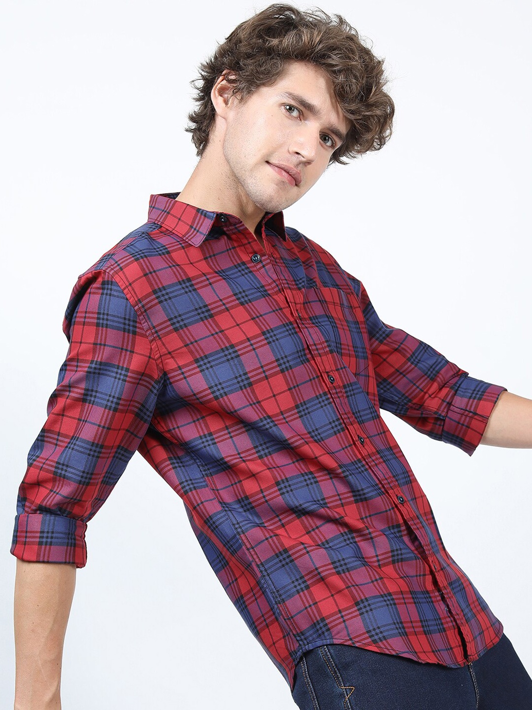 

HIGHLANDER Men Navy Blue Slim Fit Tartan Checks Checked Casual Shirt