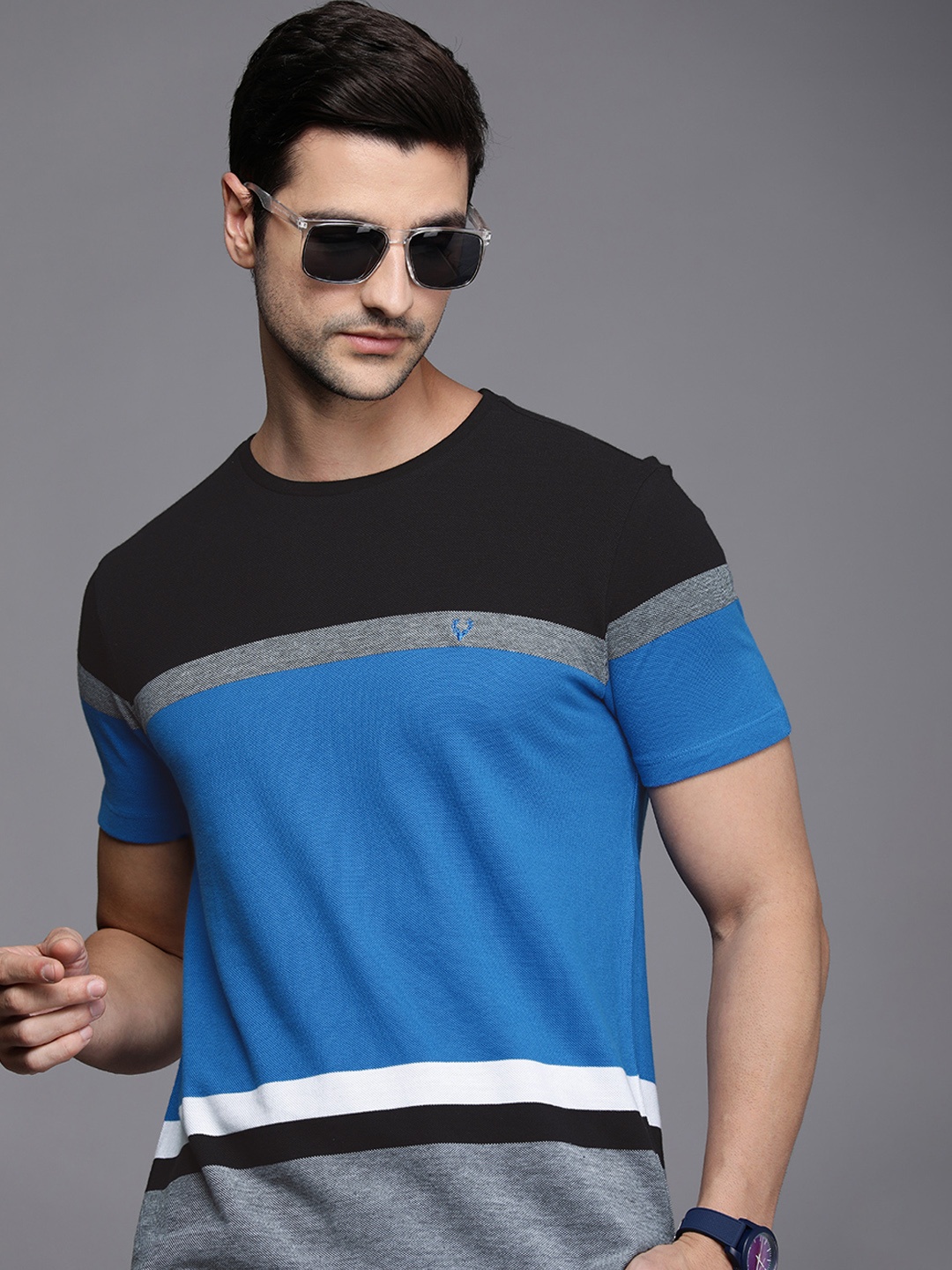 

Allen Solly Men Black & Blue Colourblocked Pure Cotton T-shirt