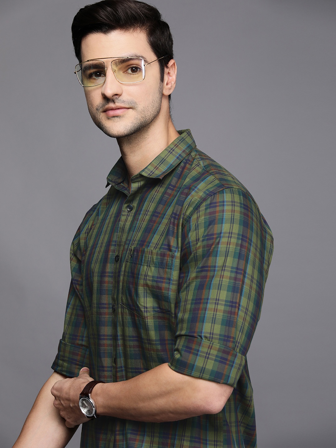

Allen Solly Men Green & Blue Sport Fit Checked Casual Shirt