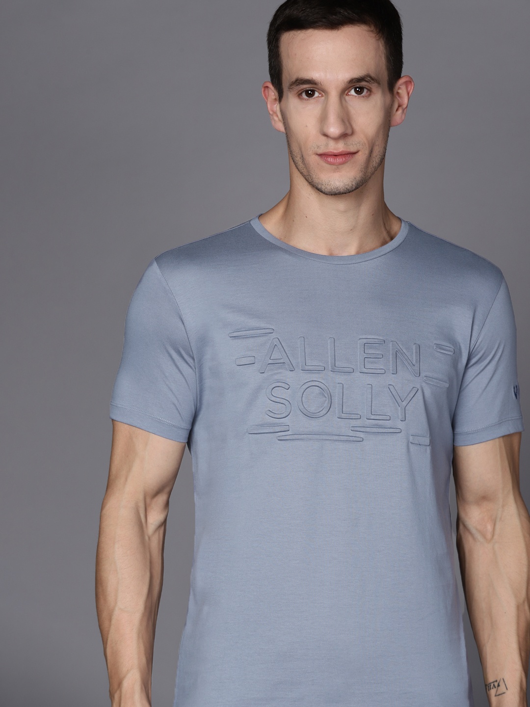 

Allen Solly Men Blue Self Design Brand Logo Pure Cotton T-shirt