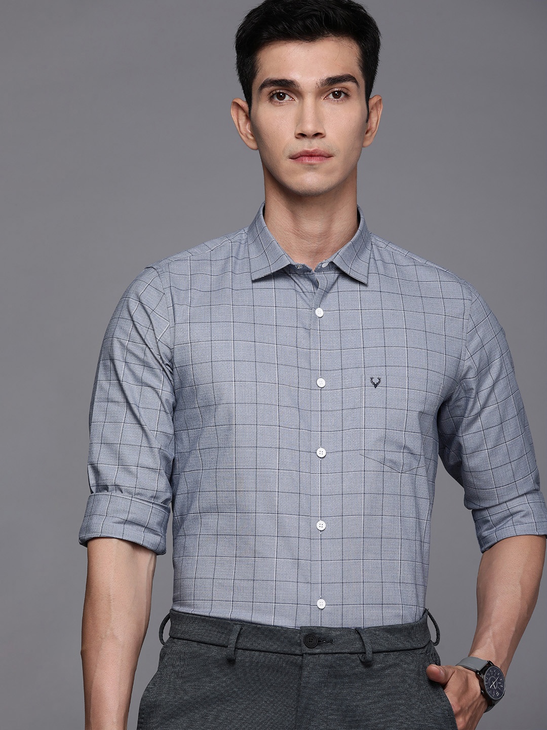 

Allen Solly Men Grey Slim Fit Grid Tattersall Checked Pure Cotton Casual Shirt