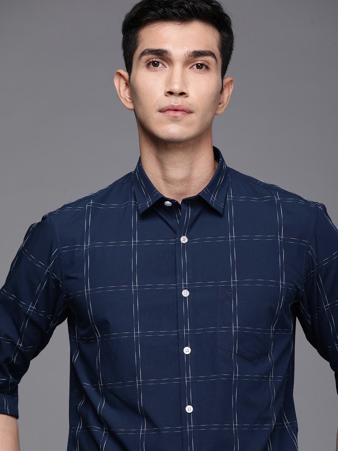 

Allen Solly Men Navy Blue Windowpane Checked Pure Cotton Casual Shirt