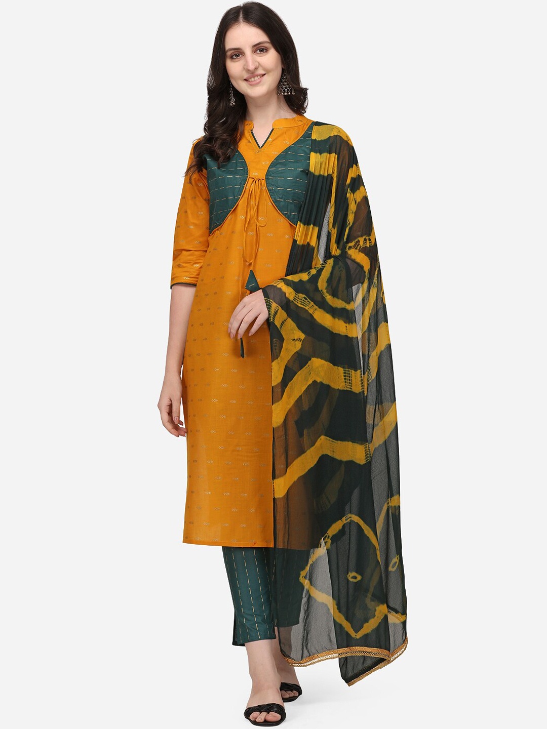 

Sitaram Designer Women Mustard Yellow Ethnic Motifs Pure Cotton Kurti with Palazzos & With Dupatta