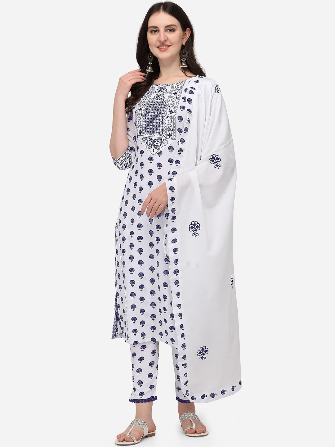 

Sitaram Designer Women White Ethnic Motifs Printed Kurti with Trousers