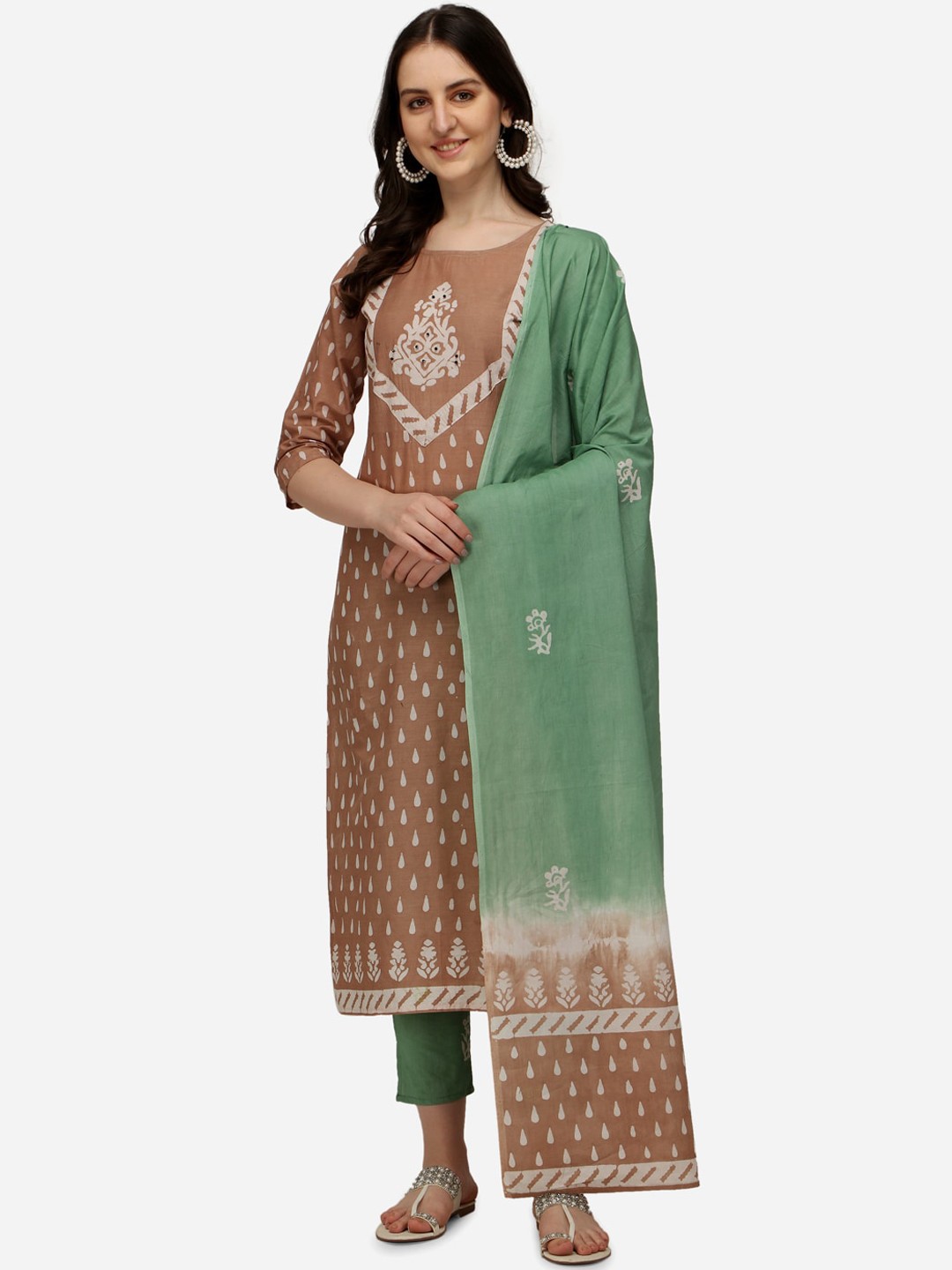 

Sitaram Designer Women Tan Ethnic Motifs Printed Pure Cotton Kurta with Palazzos & With Dupatta