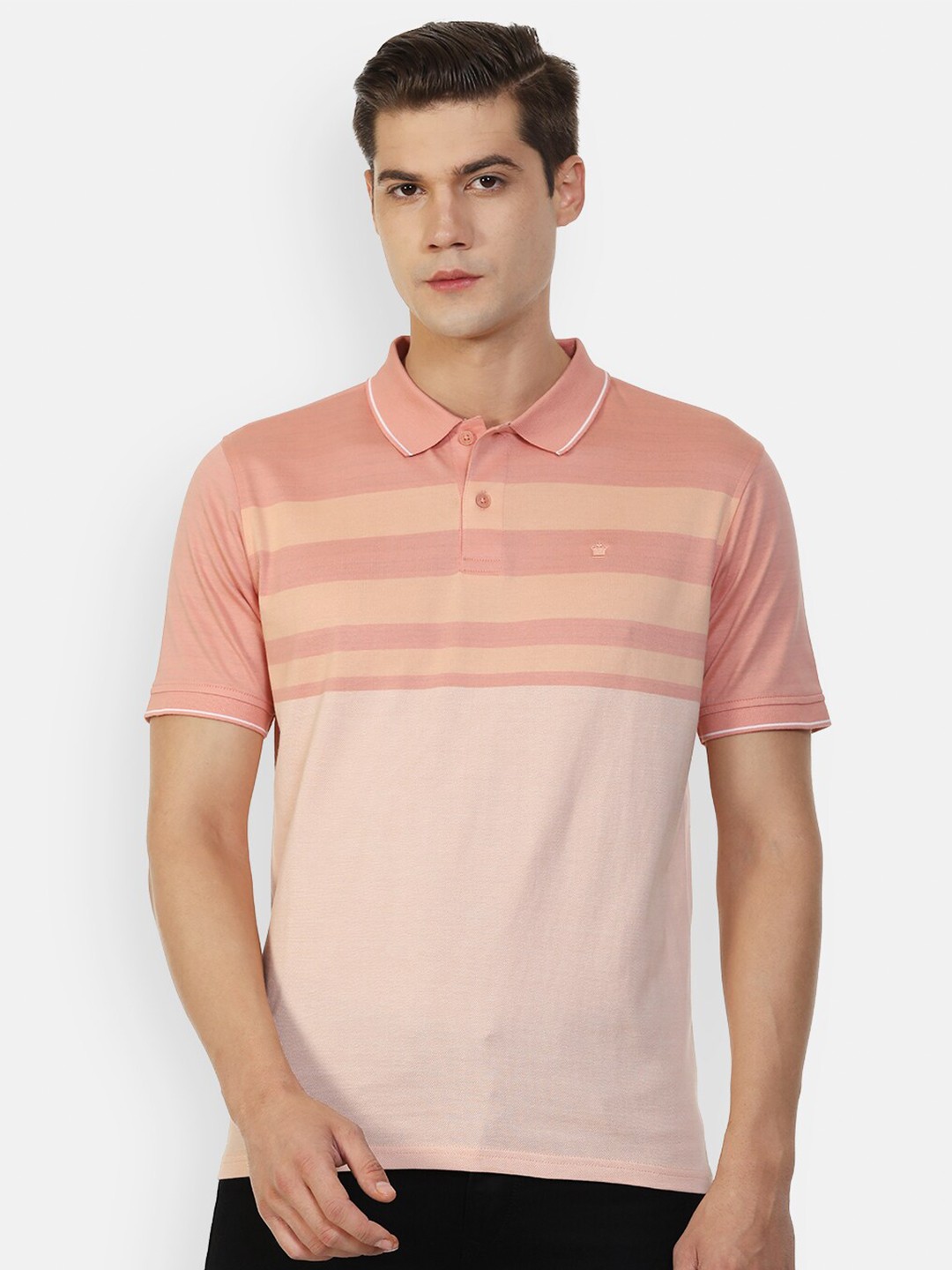 

Louis Philippe Men Peach-Coloured & Pink Striped Cotton Polo Collar T-shirt