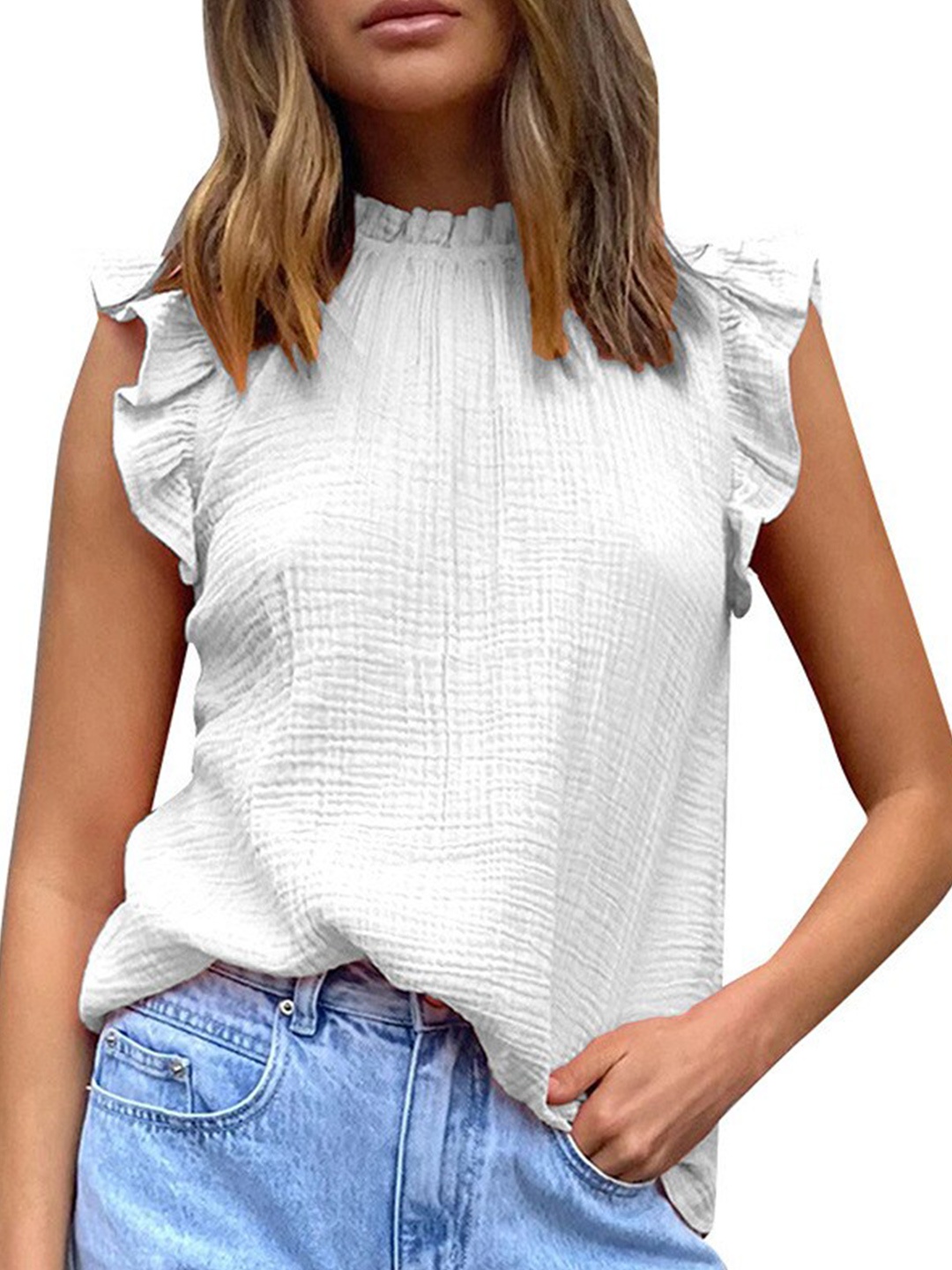 

La Aimee White Self-Design Flutter Sleeves Top