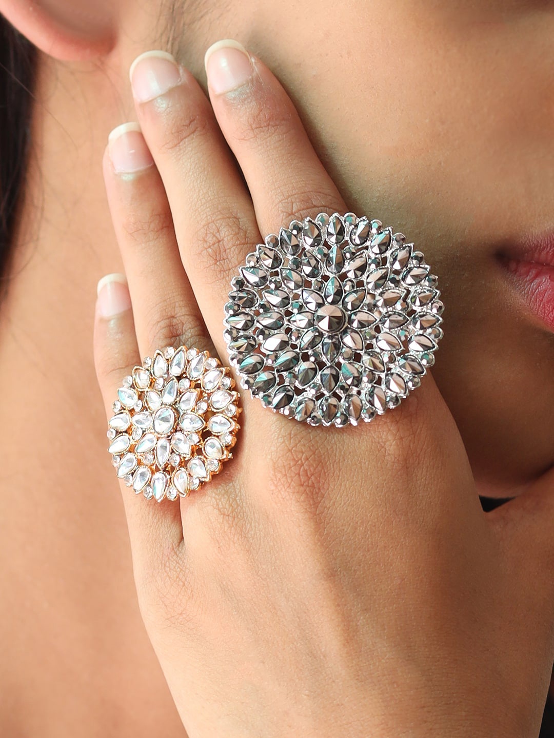 

Ayesha Set of 2 Gold-Toned Rhinestone Studded Flower Shaped Metallic Adjustable Rings
