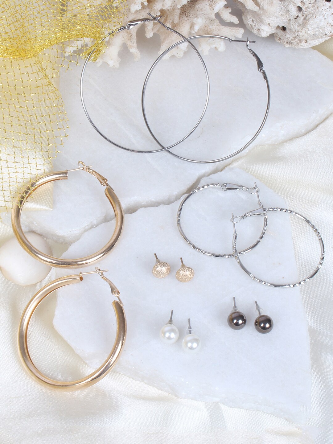 

Ayesha Set of 6 Studs & Hoop Earrings, Silver