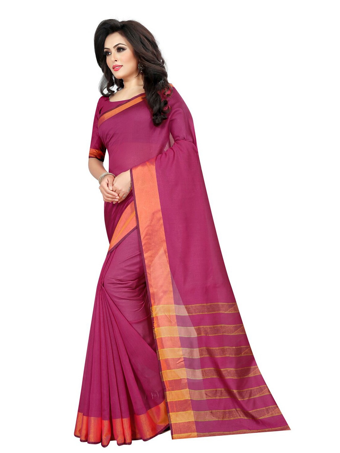 

Florence Pink & Gold-Toned Striped Zari Silk Cotton Saree